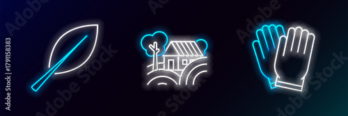 Set line Garden gloves, Leaf and Farm House concept icon. Glowing neon. Vector