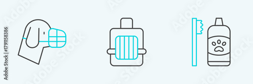 Set line Dental hygiene for pets, Dog in muzzle and Pet carry case icon. Vector