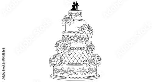 Vector of a wedding cake with floral decorations and elegant layers, detailed line illustration
