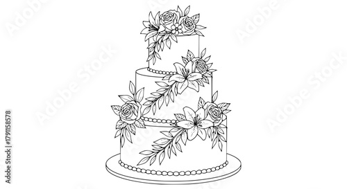 Vector of a wedding cake with floral decorations and elegant layers, detailed line illustration