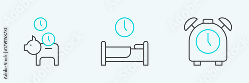Set line Alarm clock, Piggy bank with coin and Time to sleep icon. Vector