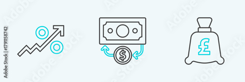 Set line Coin money with pound, Percent up arrow and Stacks paper cash icon. Vector