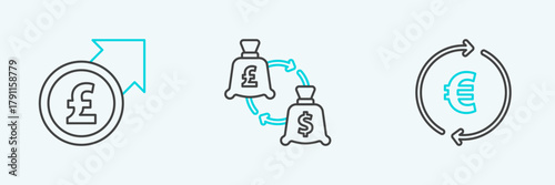 Set line Coin money with euro symbol, Financial growth and pound and Currency exchange icon. Vector