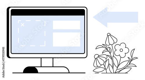 Computer screen displaying UI design with empty placeholders and a blue arrow pointing at blooming flowers. Ideal for sustainability, eco-tech, digital design, user interface, innovation, nature-tech