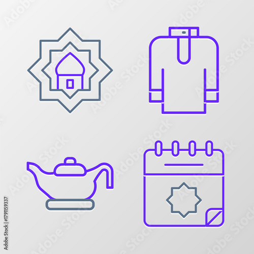 Set line Ramadan calendar, Oil lamp, Shirt kurta and Muslim Mosque icon. Vector
