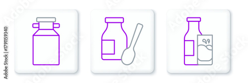 Set line Bottle milk and glass, Can container for and Drinking yogurt bottle icon. Vector