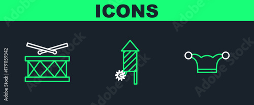 Set line Jester hat with bells, Drum drum sticks and Firework rocket icon. Vector