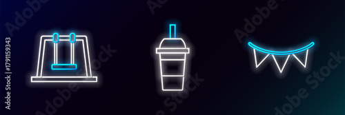 Set line Carnival garland with flags, Swing and Paper glass drinking straw water icon. Glowing neon. Vector