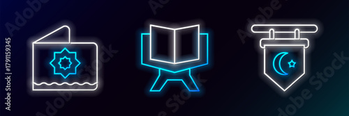 Set line Star and crescent, Octagonal star and Holy book of Koran icon. Glowing neon. Vector