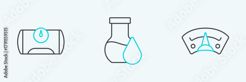 Set line Motor gas gauge, Gas tank for vehicle and Oil petrol test tube icon. Vector