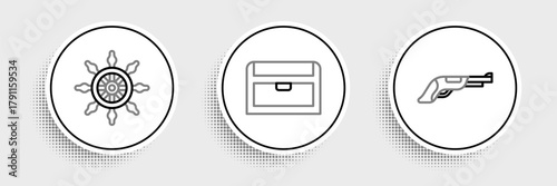 Set line Vintage pistol, Ship steering wheel and Antique treasure chest icon. Vector
