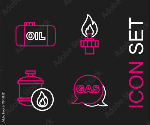 Set line Location and gas station, Propane tank, Oil rig with fire and storage icon. Vector