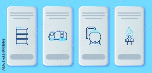 Set line Tanker truck, Oil tank storage, Barrel oil and rig with fire icon. Vector