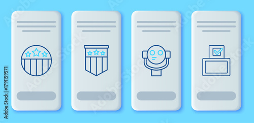 Set line American flag, Tourist binoculars, Medal with star and Vote box icon. Vector