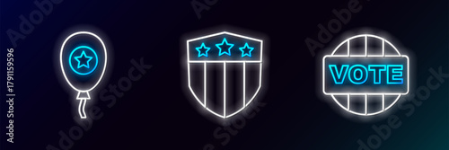 Set line Vote, Balloons and Shield with stars icon. Glowing neon. Vector