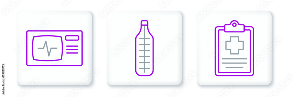 Fototapeta premium Set line Patient record, Monitor with cardiogram and Medical thermometer icon. Vector