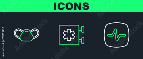 Set line Heart rate, Medical protective mask and Emergency - Star of Life icon. Vector