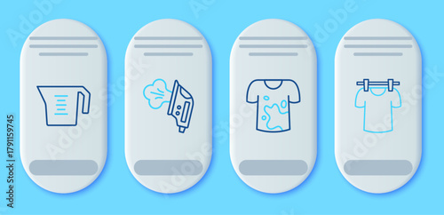 Set line Electric iron, Dirty t-shirt, Measuring cup and Drying clothes icon. Vector