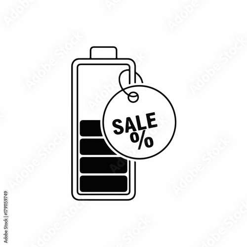 Battery icon with sale tag indicating discount on energy products. Battery illustration features low charge and sale label suggesting special offers on electronics or energy items.