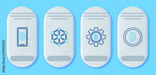 Set line Blockchain technology, Cryptocurrency coin Bitcoin, Phone mobile and cryptocurrency and icon. Vector