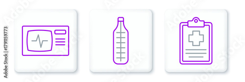 Set line Patient record, Monitor with cardiogram and Medical thermometer icon. Vector