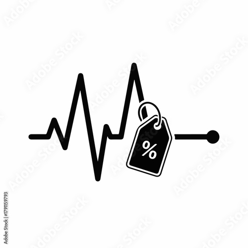 Heartbeat symbol with discount tag representing health savings and promotions in medical care.