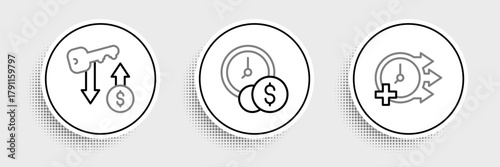 Set line Clock, Rent key and Time is money icon. Vector
