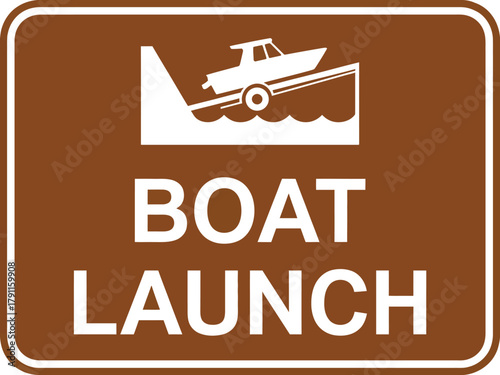 A brown sign indicates a boat launch area with a graphic of a boat on a trailer entering the water.