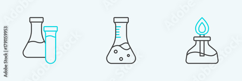 Set line Alcohol or spirit burner, Test tube and icon. Vector