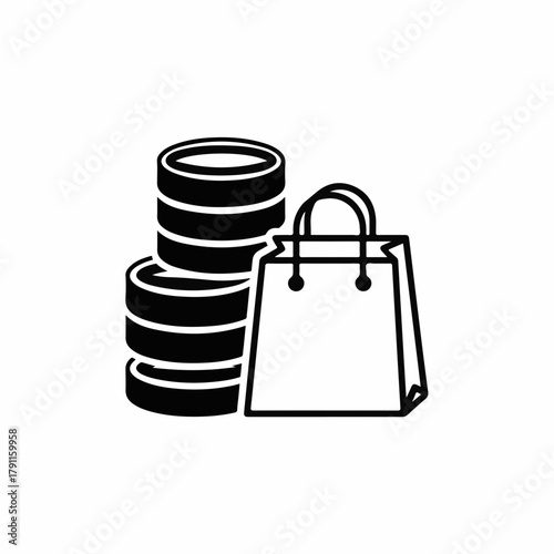 Shopping bag with stacks of coins representing discounts and savings for retail and online stores. Shopping bag and coins create a visual theme of savings for promotional material and advertising.