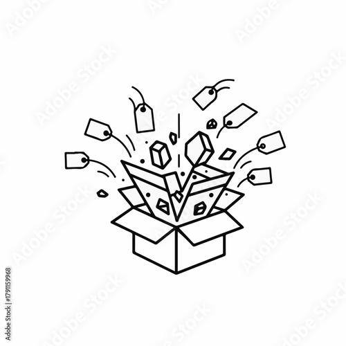 Exciting unboxing experience with flying package tags and surprise gifts bursting from box. Unboxing reveals hidden treasures and delightful surprises,