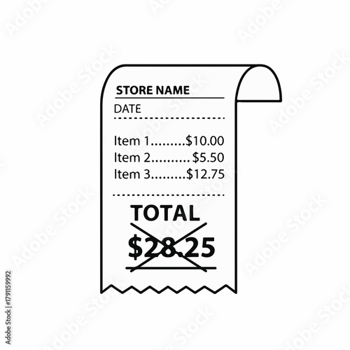 Receipt template with store name, date, and line items showing total price for discounts and promotions. Simple design includes itemized list with cost.