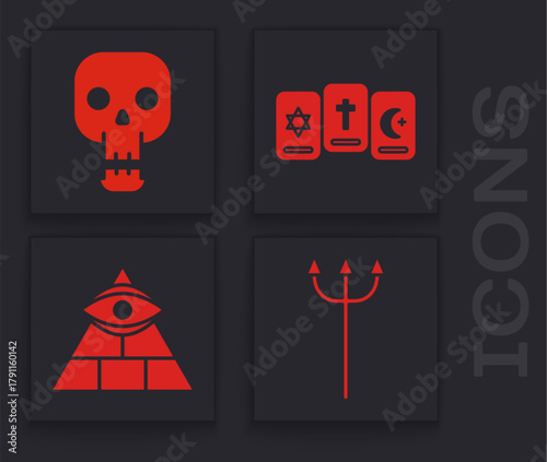 Set Neptune Trident, Skull, Three tarot cards and Masons icon. Vector