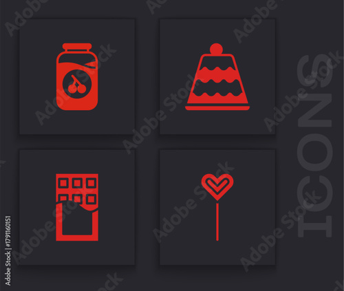 Set Lollipop, Cherry jam jar, Cake and Chocolate bar icon. Vector