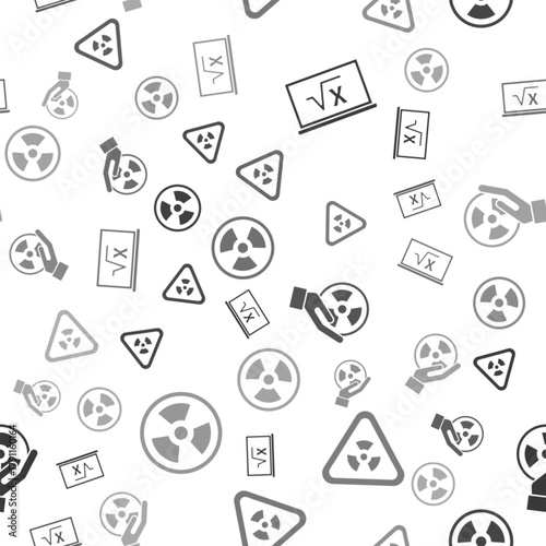 Set Square root of x glyph, Triangle with radiation, Radioactive and Radioactive on seamless pattern. Vector