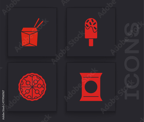 Set Bag or packet potato chips, Asian noodles and chopsticks, Ice cream and Pizza icon. Vector
