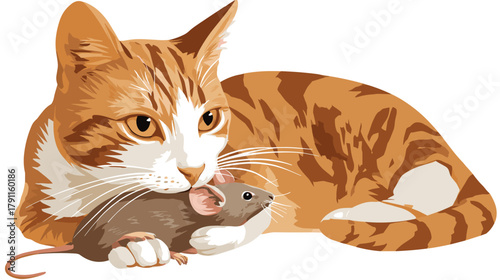 Vector illustration of a cat with a mouse in it´s mouth isolated on a white background