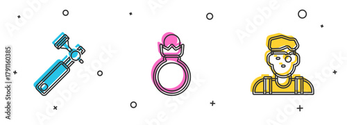 Set Jewelers lupe, Diamond engagement ring and man icon. Vector