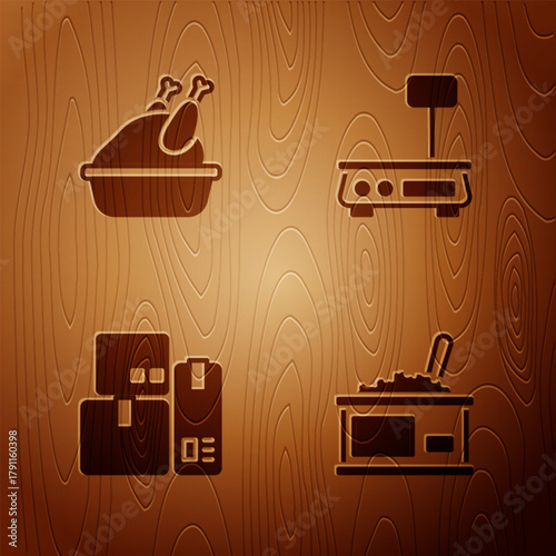 Set Tin can with caviar, Roasted turkey or chicken, Cash register machine and Electronic scales on wooden background. Vector