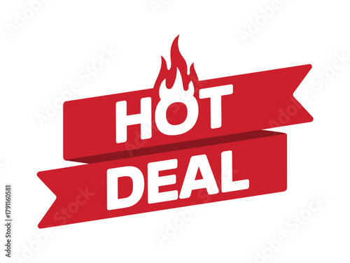 Red ribbon with the text 'HOT DEAL' and flames on a white background.