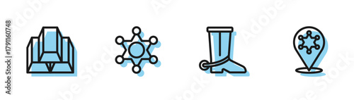 Set line Cowboy boot, Gold bars, Hexagram sheriff and icon. Vector