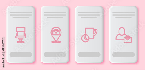 Set line Office chair, Online working, Time management and Freelancer. White rectangle button. Vector