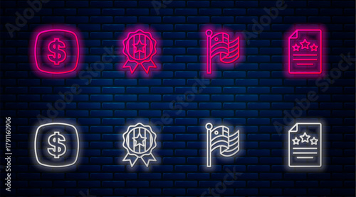 Set line Medal with star, American flag, Dollar symbol and Declaration of independence. Glowing neon icon on brick wall. Vector