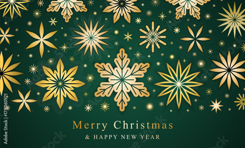 Merry Christmas and Happy New Year geometry falling gold snowflakes banner design. Dark green xmas ornate composition. Winter abstract flakes snow background. EPS 10 vector backdrop.