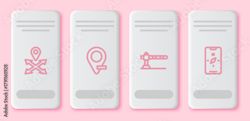 Set line Location, , Parking car barrier and Compass mobile. White rectangle button. Vector