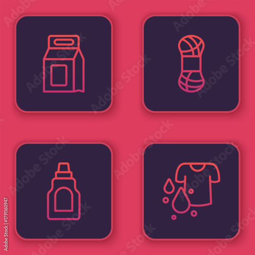 Set line Laundry detergent, Bottle for cleaning agent, Yarn and Dirty t-shirt. Blue square button. Vector