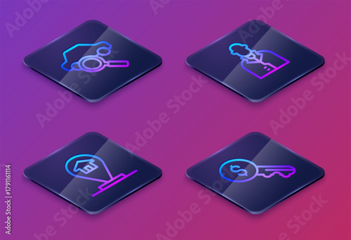 Set Isometric line Car sharing, Location house, Realtor and Rent key. Blue square button. Vector