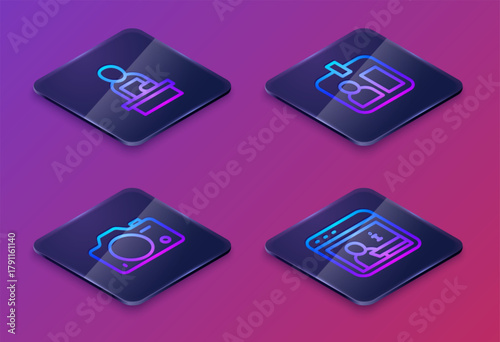 Set Isometric line Breaking news, Photo camera, Journalist id card and Information. Blue square button. Vector