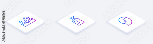 Set Isometric line Human hair follicle, Bottle of shampoo and Hairstyle for men. White square button. Vector