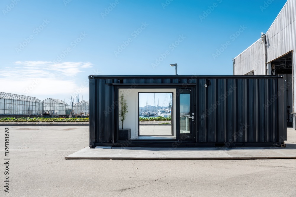 Naklejka premium Modern shipping container transformed into minimalist office space located in an industrial area with clear blue sky and greenhouses in the background providing a serene environment for work